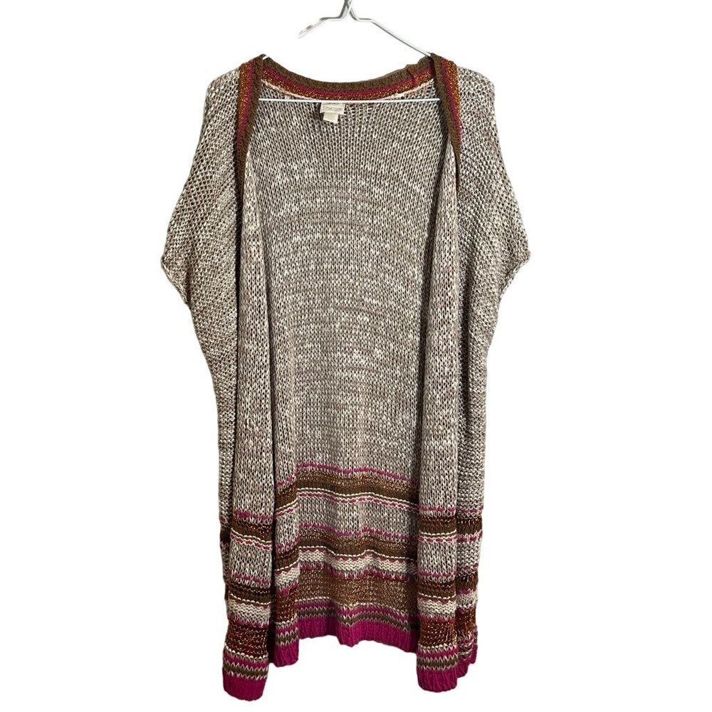 Chicos Knit Sweater XL Tan Open Weave Striped Metallic Boho Western Neutral Chic